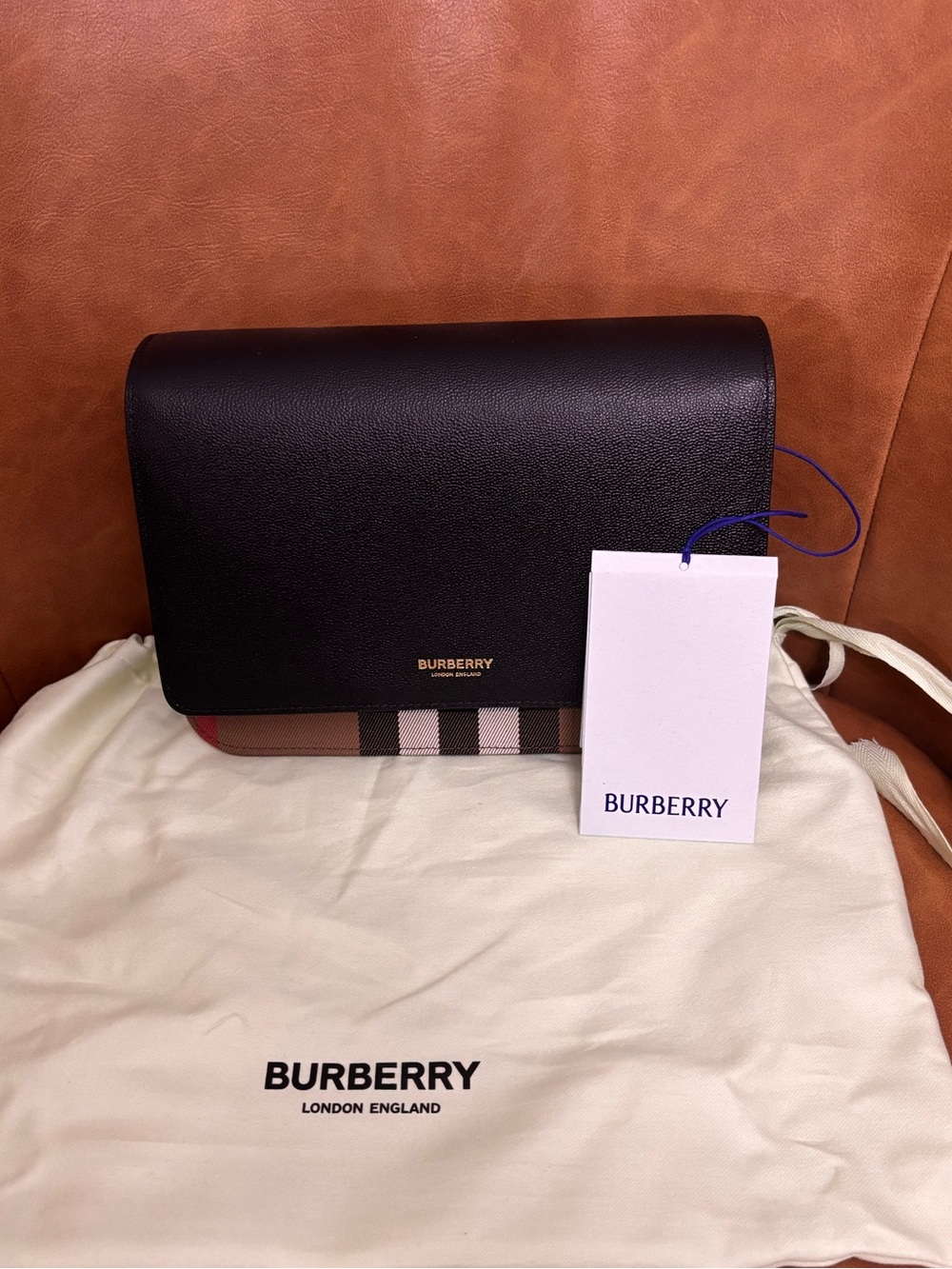 NWT Burberry Mackford MX House Check Leather Shoulder Crossbody Bag